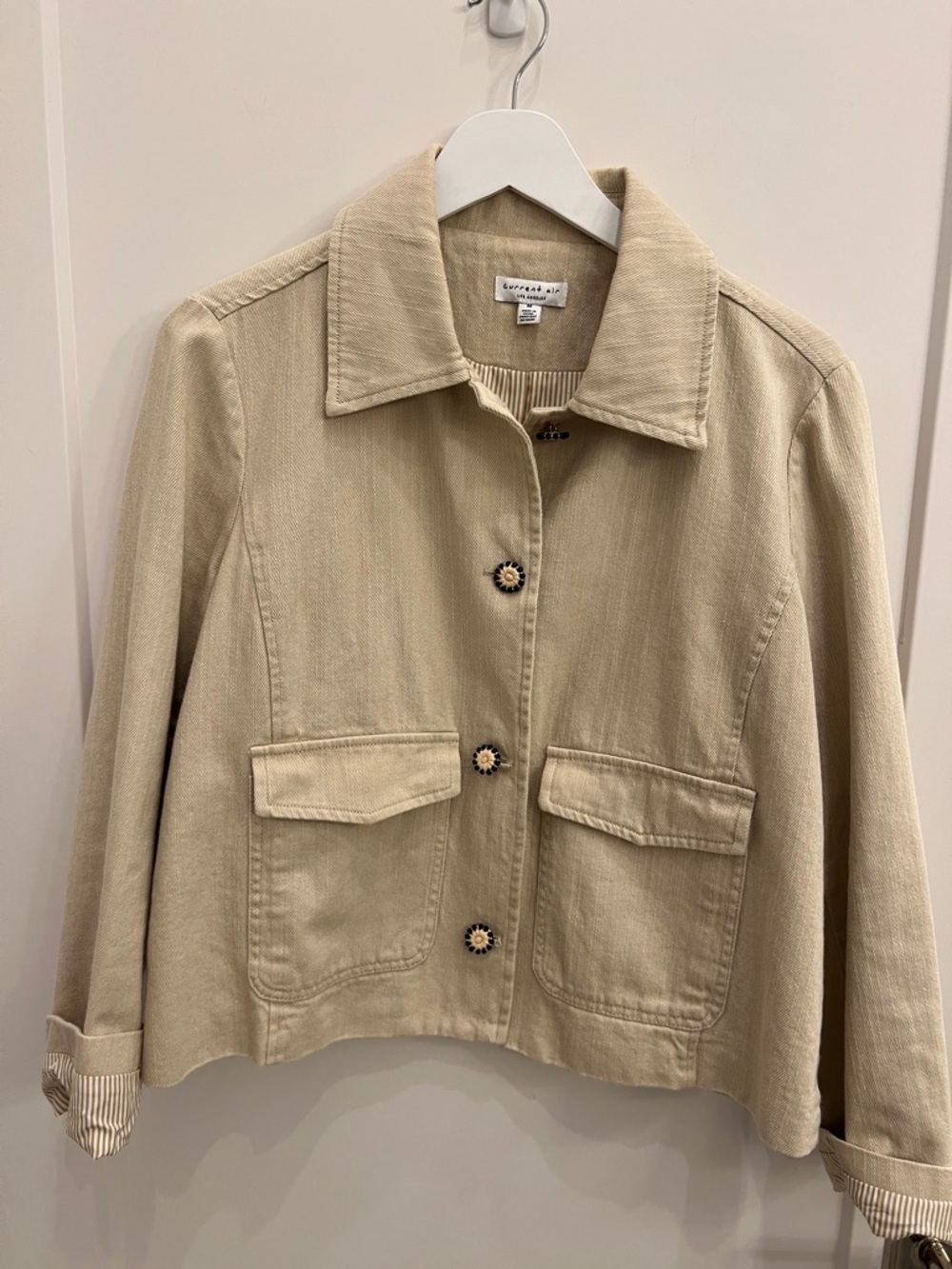 Current Air Neutral Beige Cropped Utility Jacket with Floral Button Detail